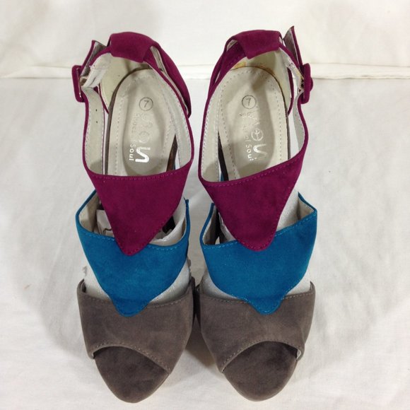 Shoes Of Soul-Final Price- Platform Heels Size 7 Grey/Teal/Berry - Picture 4 of 11